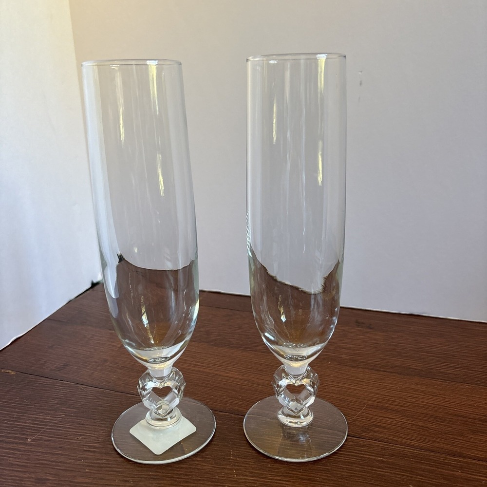 Libbey Glass Romance Champagne Flutes 9" Cut Glass Heart Shape Stem 2006 Set 2